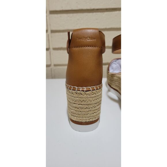 NIB See By Chloe Glyn Leather Tan Espadrille Platform Wedge Sandal Size EU 40 - Picture 7 of 16